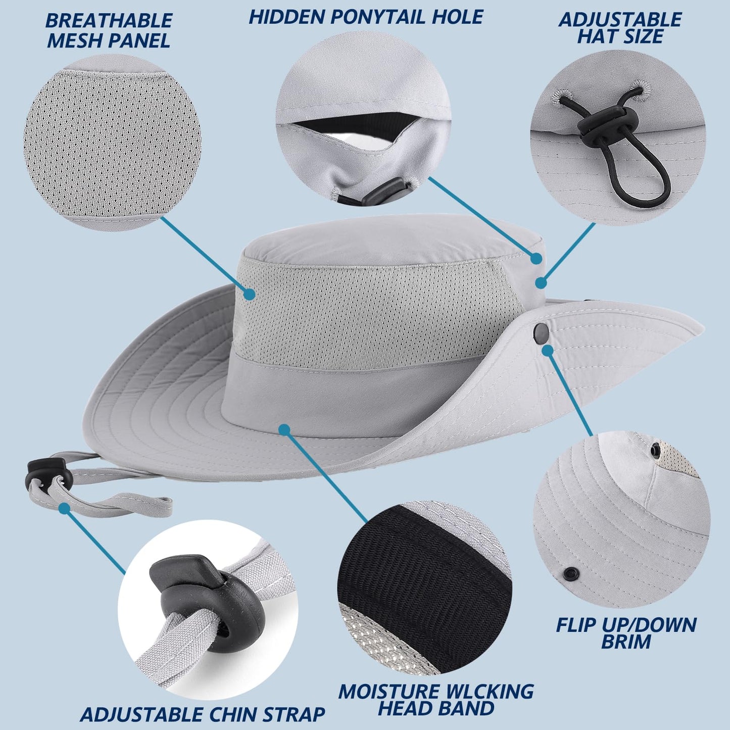 EINSKEY Cooling Sun Hat for Men Women, Packable Wide Brim Bucket Hat with Ponytail Adjustable Boonie Hat for Fishing Hiking