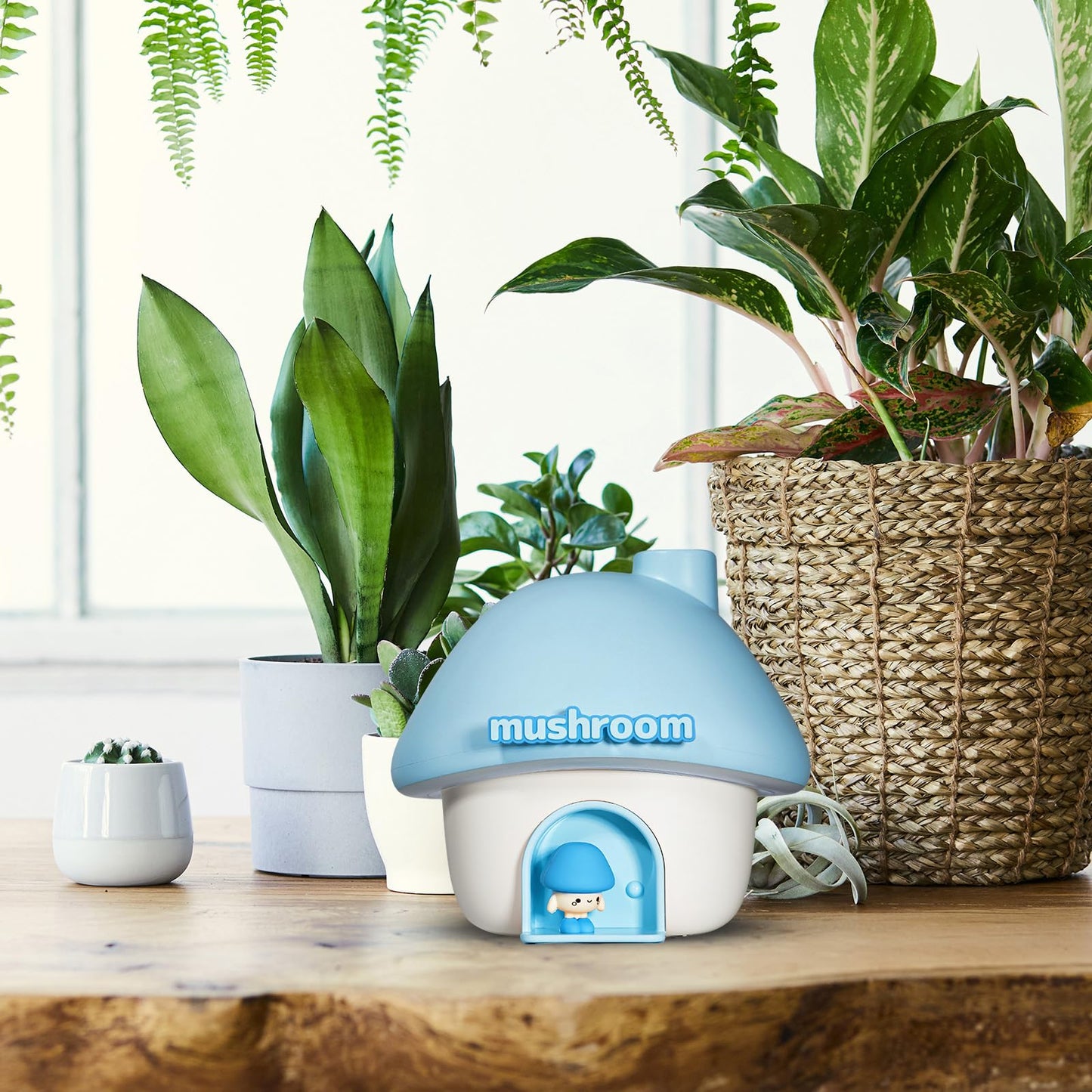 Cute Mushroom House Humidifier, 300ml Small Cool Mist Humidifers, USB Rechargeable Mini Portable Air Humidifer with Night Light for Bedroom, Office, Car, Travel, Indoor Plants (Blue)