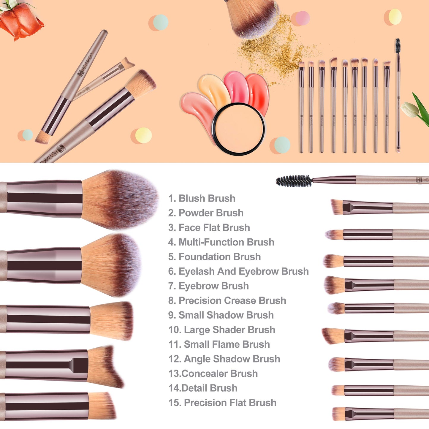 HEYMKGO Makeup Brushes 15PCS Champagne Gold Professional Makeup Brush Set Foundation Brush Blending Powder Blush Concealer Eye Make Up Brush with Bag