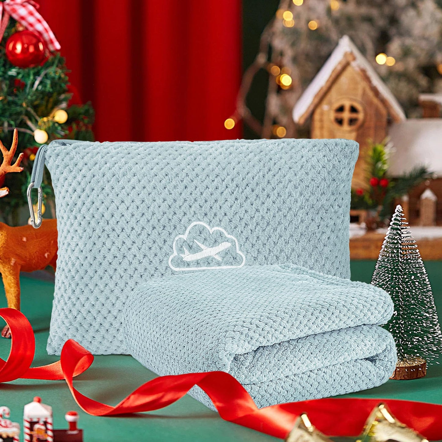 BEDELITE Travel Blanket with Bag, Ultra-Soft Jacquard Fleece Blanket with Luggage Sleeve & Backpack Clip, Airplane Blanket Travel Essentials, Blue