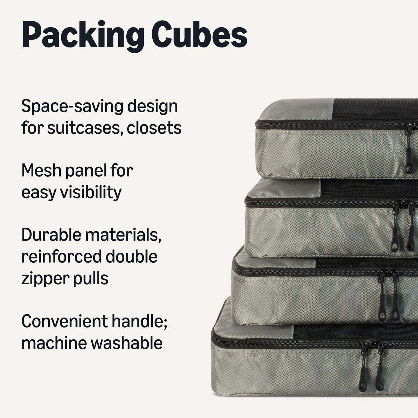 Amazon Essentials 4-Piece Packing Cubes Travel Accessories Set, Luggage Organizer with Double Zipper, Mesh Top, 100% Polyester, Large, Gray (Previously Amazon Basics)