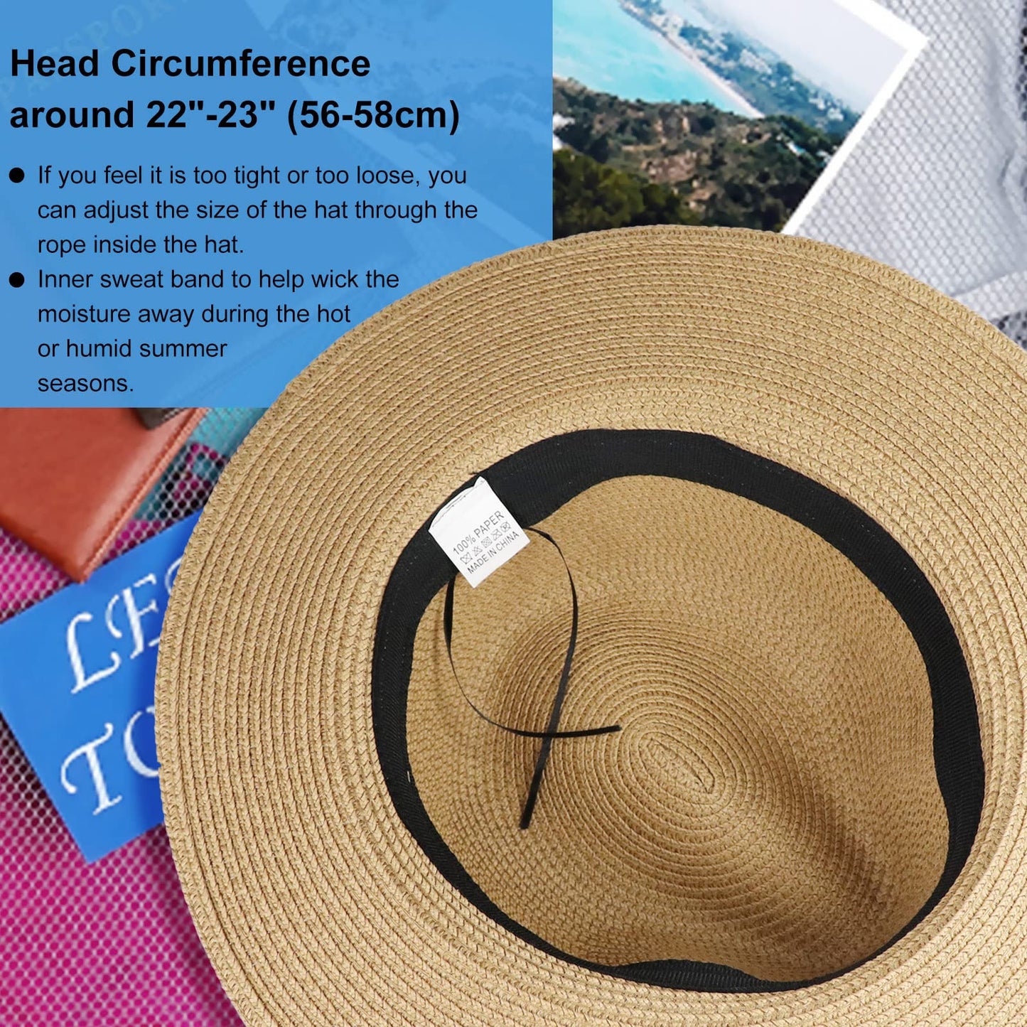 DRESHOW Women Straw Panama Hat Travel Fedora Beach Sun Hat Summer Wide Brim Straw Roll up Hats UPF 50+