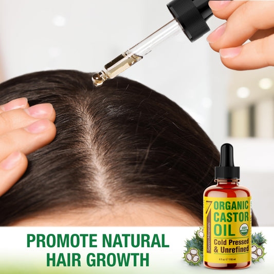 Seven Minerals 4oz Organic Castor Oil for Eyelashes, Eyebrows, Face & Hair Growth - Glass Bottle, Cold Pressed & Hexane Free - 100% Pure - Hydrates & Boosts Natural Hair, Ordinary Lash & Brow Growth