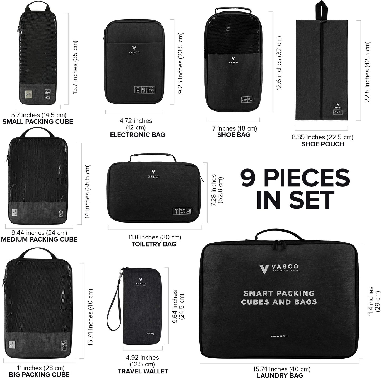 VASCO - Compression Travel Packing Cubes Set (Black New)