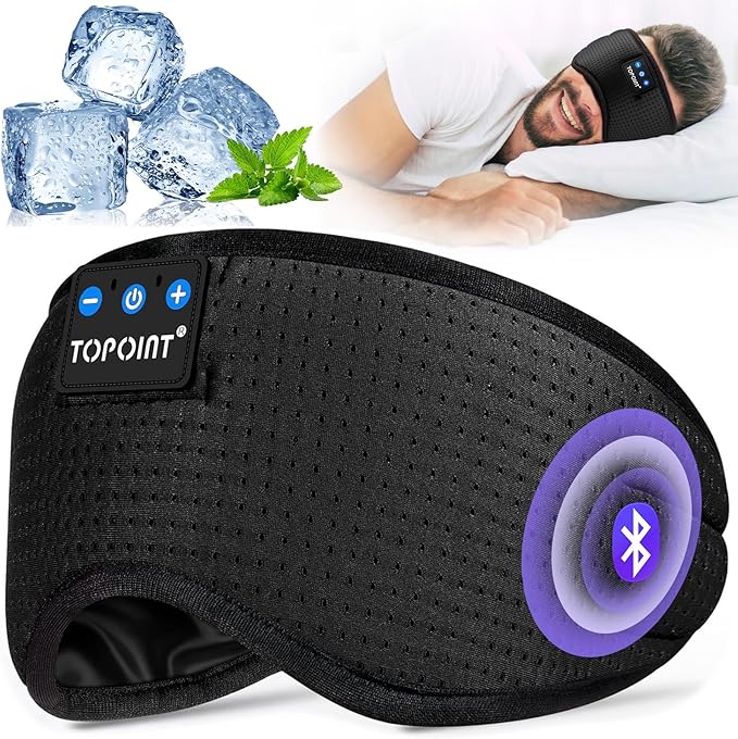 TOPOINT Sleep Mask with Bluetooth Headphones, Breathable Silk Eye Mask for Sleeping Men Women, Bluetooth Sleep Mask Blackout with Speakers, Microphone Handsfree, USB C for Travel Meditation Gifts