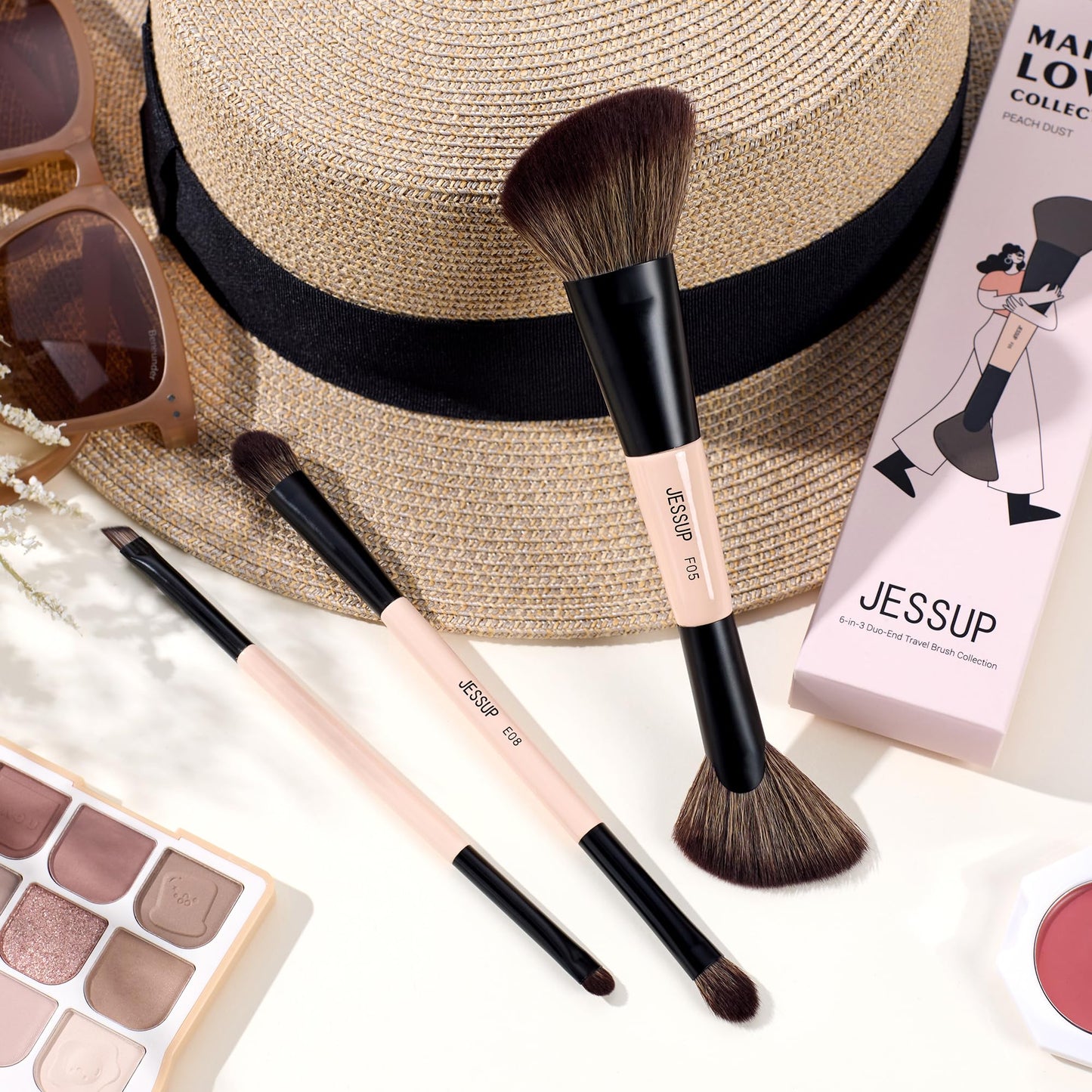 Jessup Travel Makeup Brushes Set 3pcs, Double Sided Contour Brush Dual Ended Eye Shadow Shader Eyeliner Brush, Multi-functional Makeup Set Peach Dust T507
