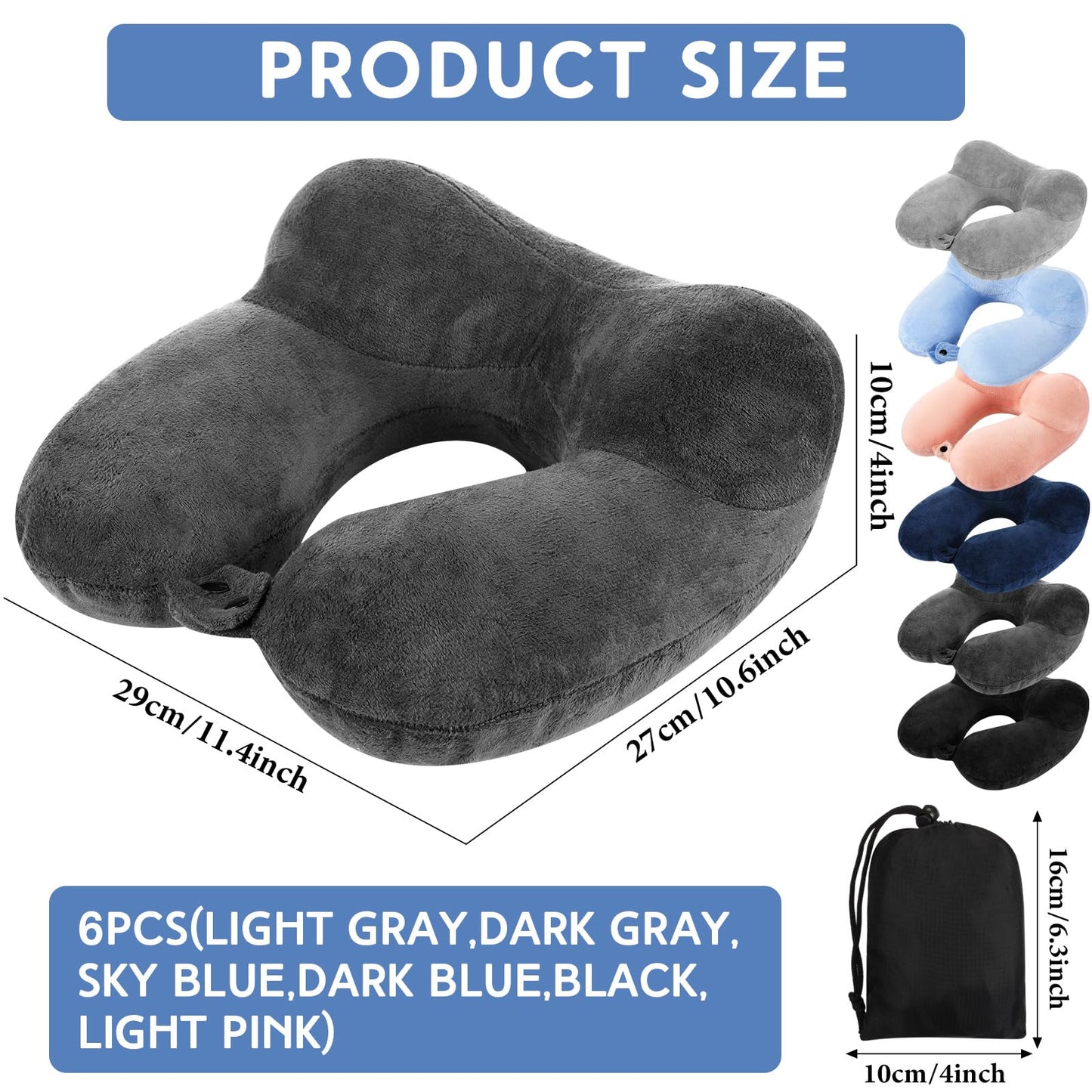 Sintuff 6 Pcs Inflatable Travel Pillow for Airplanes with Compact Bag and Blindfold Soft Velvet Inflatable Neck Pillows for Traveling, Airplane, Train, Car, Office (6 Colors)