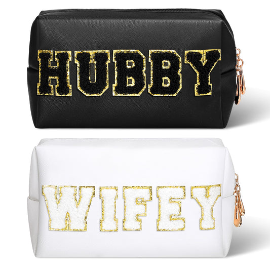 Pinkunn 2 Pcs Wifey Hubby Makeup Bag Bride Patch Cosmetic Bag Mrs Travel Toiletry Purse White Letter PU Leather Waterproof Pouch Wedding Bridal Shower Honeymoon Gift for Women Party Organizer