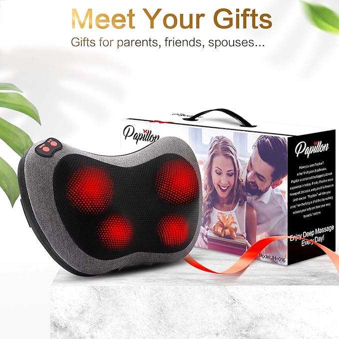 Papillon Shiatsu Back and Neck Massager with Heat, Deep Tissue Kneading,Electric Massage Pillow for Back,Shoulders,Legs,Foot,Body Muscle Pain Relief,Use at Home,Car,Office