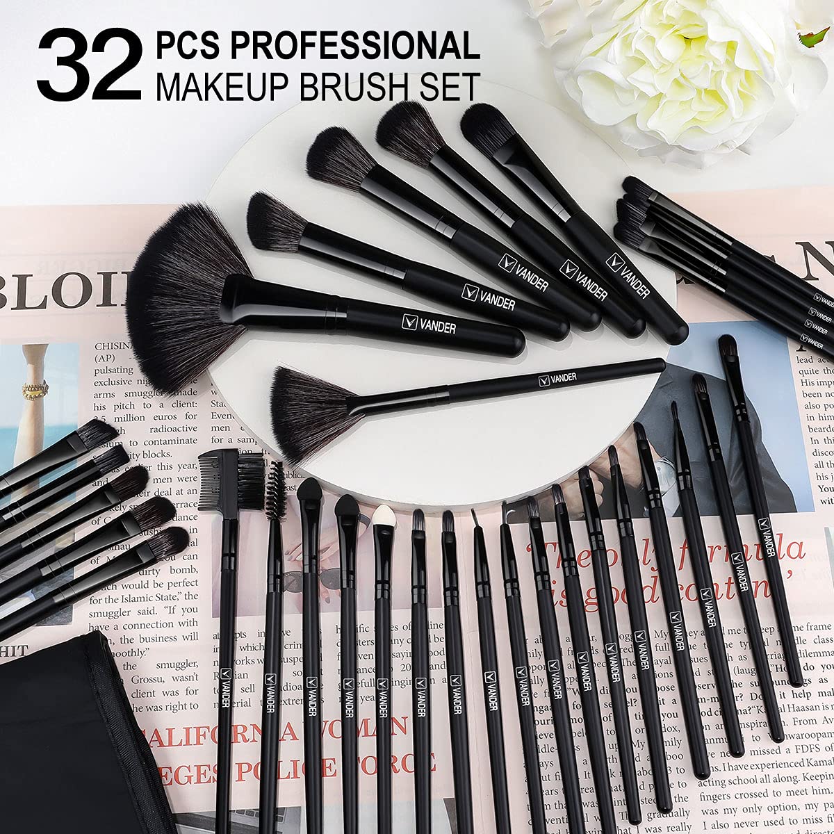 Vander Make up Brush Set, 32Pcs Professional Premium Synthetic Brochas Para Maquillaje, Foundation Powder Concealers Eyeshadow Eyeliner Brush Travel make up brushes set (Black)