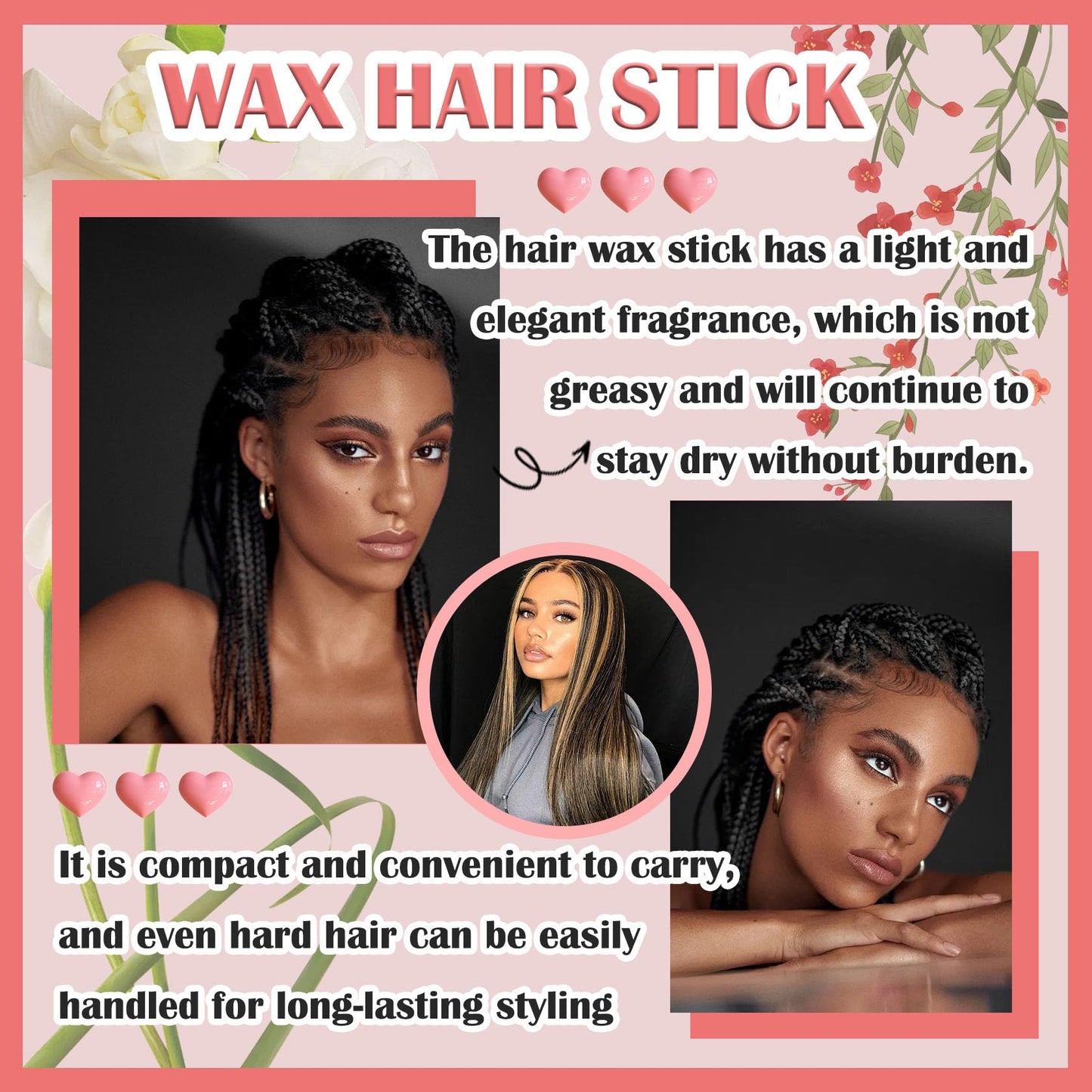 Hair Wax Stick & Hair Styling Combs Set 4 Pcs,Moisturizing Non-Greasy Hair Styling Wax Stick for Edge Control on Wigs And Hair,Lightweight Hair Slick Balm Stick for Flyaways Edge Frizz Hair