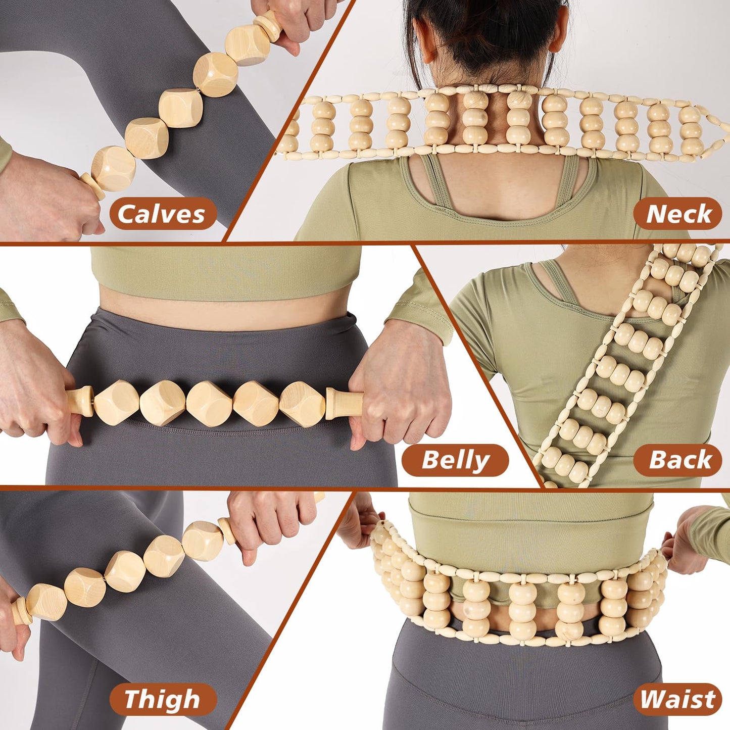 KQXTOKTY Wood Therapy Tools for Body Shaping,8 in 1 Wood Therapy Massage Tools,Wooden Gua Sha Tools,Lymphatic Drainage Massager,Maderoterapia kit,Wooden Massager Roller Rope for Body Shaping, Beige