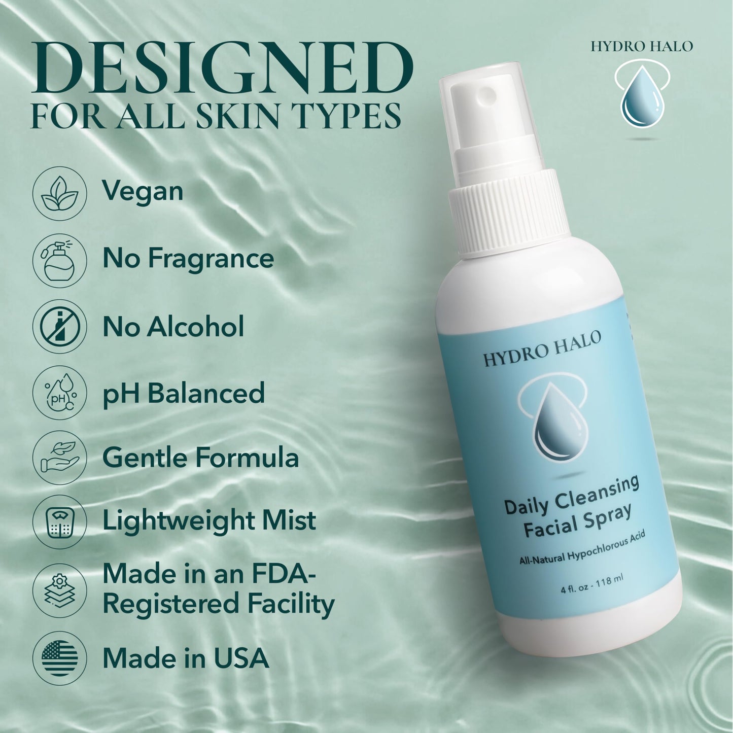 Hydro Halo Hypochlorous Acid Face Spray 4oz – Hydrating Facial Mist, Calm & Soothe Irritation, pH Balanced, No Alcohol, Daily Skin Care, Made in USA