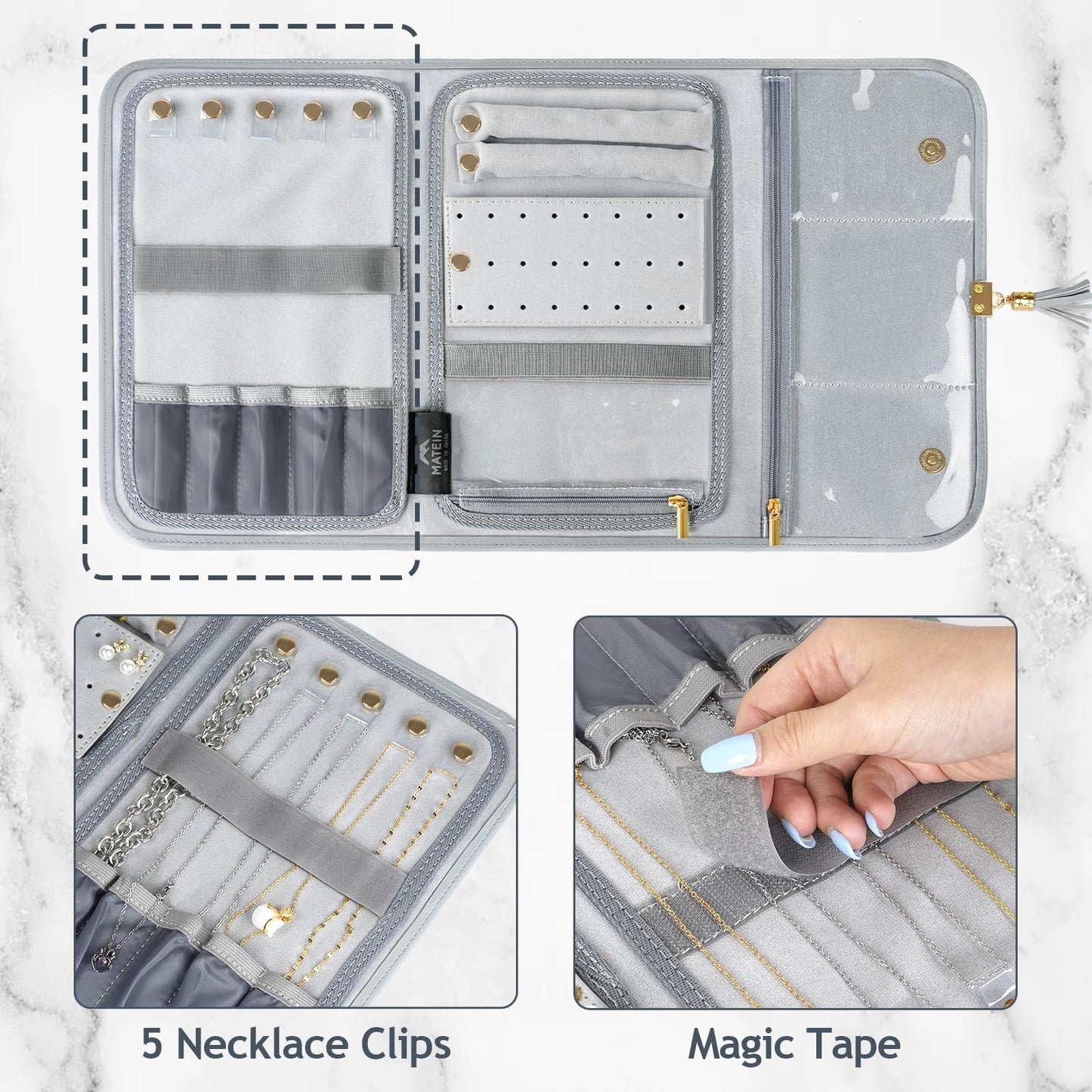 MATEIN Jewelry Travel Organizer for Women, Tangle Free Portable Leather Jewelry Storage Roll Bag Envelope Clutch, Waterproof Lightweight Jewelry Case Holder for Necklaces, Rings, Earrings, Bracelets