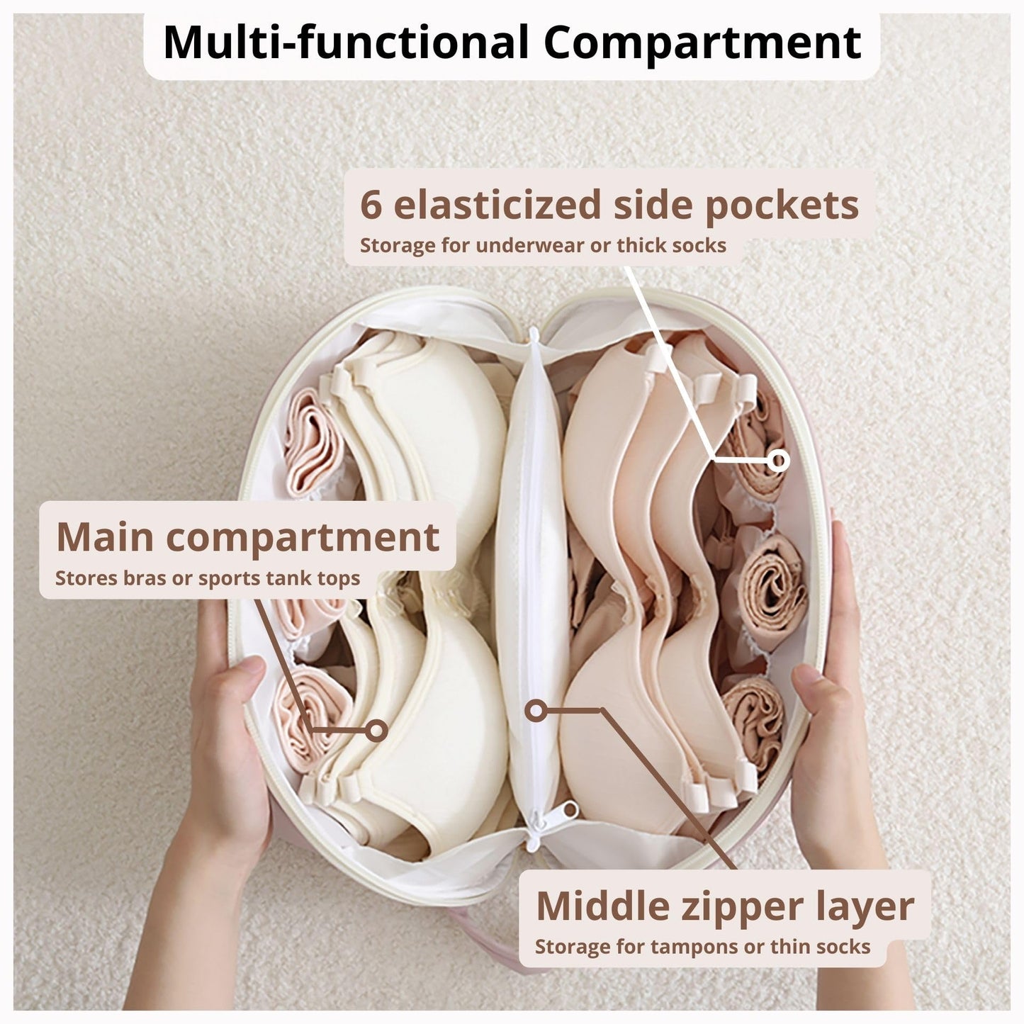 tianzong Travel Underwear Packing Cube for Women, Portable Luggage Organizer Bag, Multi-compartment Versatile Storage Bag for Suitcase (1 Pack, XL Beige)