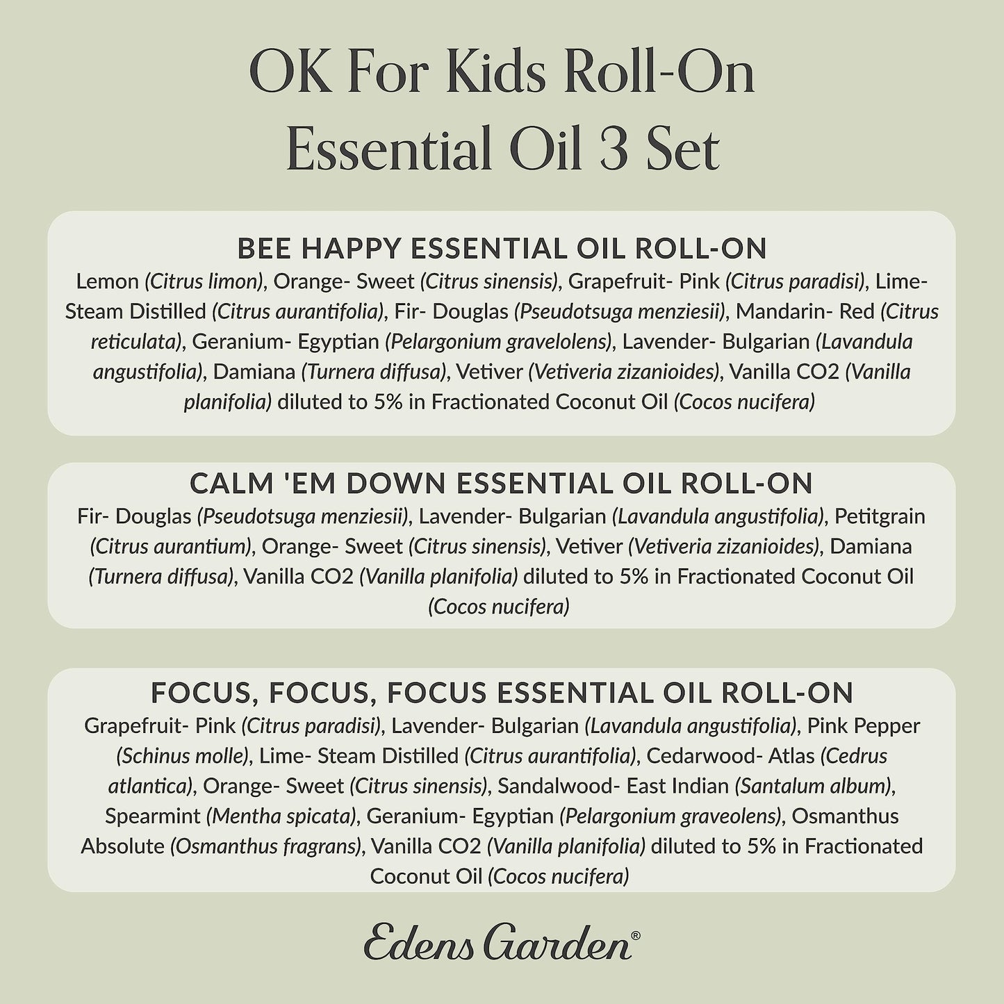 Edens Garden OK For Kids Essential Oil Roll-On 3 Set – 100% Pure Therapeutic Grade, Natural Aromatherapy Blends – Gentle & Pre-Diluted, Includes Bee Happy, Calm 'Em Down & Focus, 10 ml Roll-On/ 3 Pack
