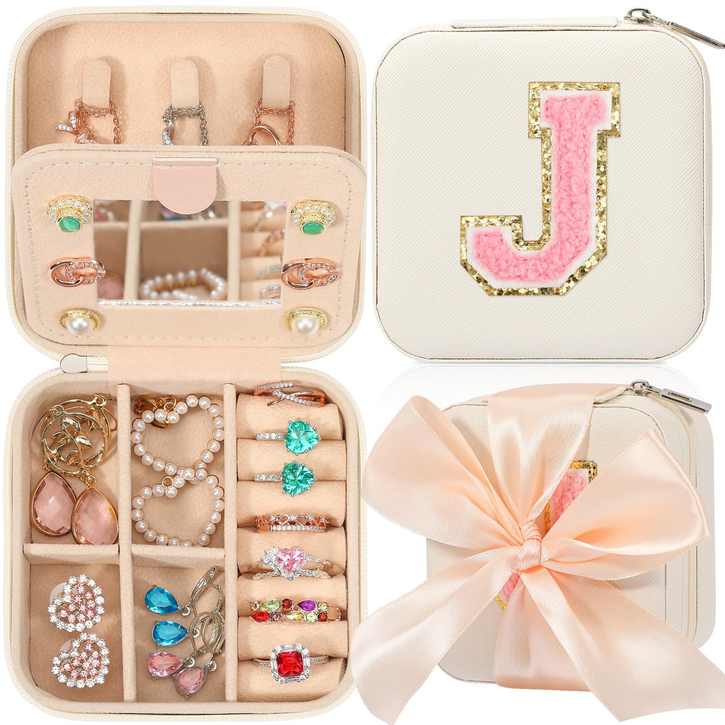 CHMI Travel Jewelry Case, White Travel Jewelry Box, Travel Jewelry Organizer, Travel Gifts for Women Girls, Jewelry Organizer Box, Birthday Gifts for Women, Christmas Gifts for Teens Girls - Initial J