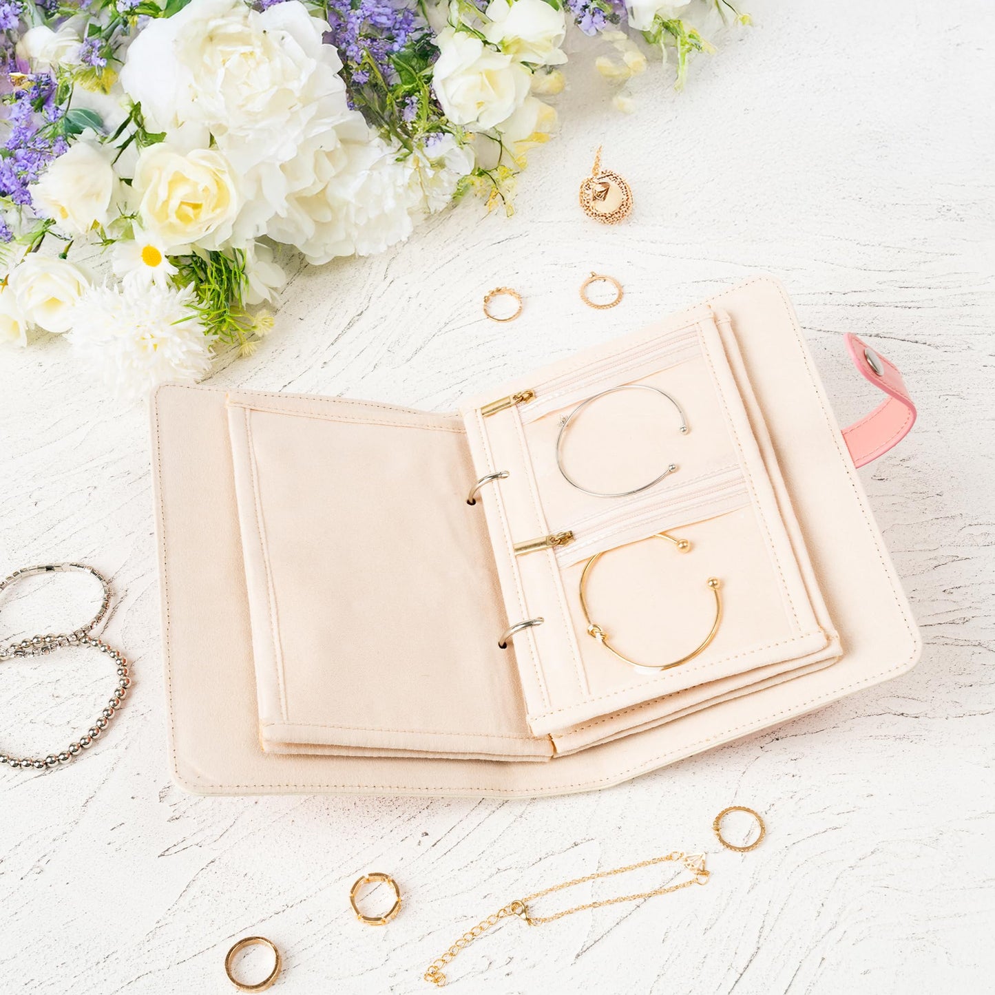 FurUlixty Jewelry Travel Organizer Case -5 Pouch Jewelry Roll for Necklaces, Rings, Earrings Jewelry Storage Ring Binder PU Leather for Women (Beige & Pink)