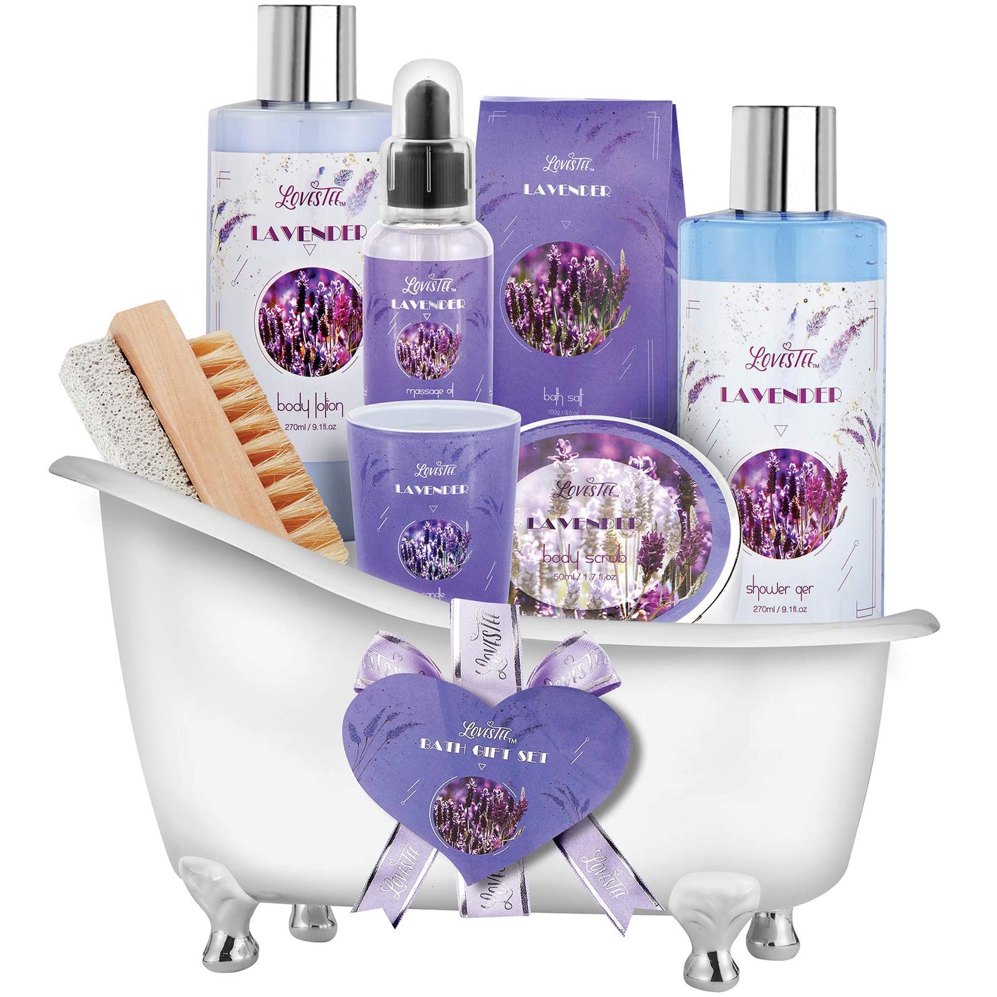 Monthers Day Gifts, Relaxing Lavender Spa Gift Baskets for Wome Birthday, Bath and Body Set-Kit Includes Candle, Essential Oil, Body Scrub, Bath Salt, Body Lotion, Shower Gel and Body Scrub Brush