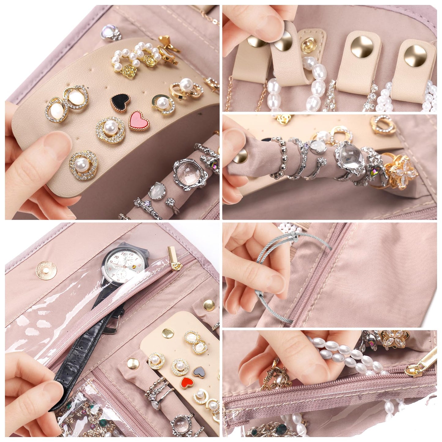 TBTOTRA Travel Jewelry Organizer Box, Foldable Travel Case for Earrings, Necklaces, Rings, Bracelets, Pink