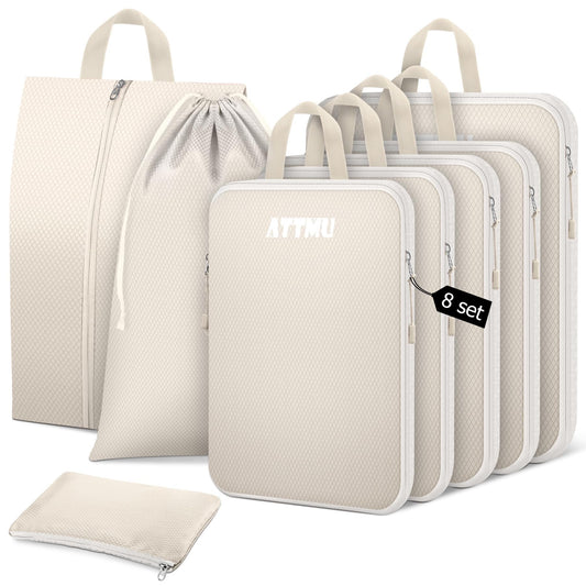 8 Set Compression Packing Cubes for Travel, Expandable Compression Cubes for Suitcases, Lightweight Suitcase Organizer with Shoes & Laundry Bags, Travel Accessories for Men Women (Beige)