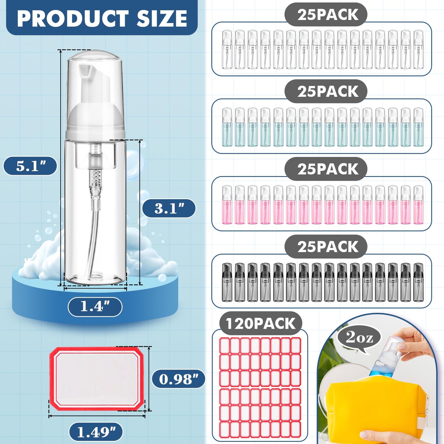 AMORIX 100 Pcs 2 oz Plastic Foam Pump Bottle Refillable 60ml Travel Mousse Foaming Soap Dispenser Mini Eyelash Cleaning Foam Bottle Dispenser for Face Wash Lash Shampoo Skin Care