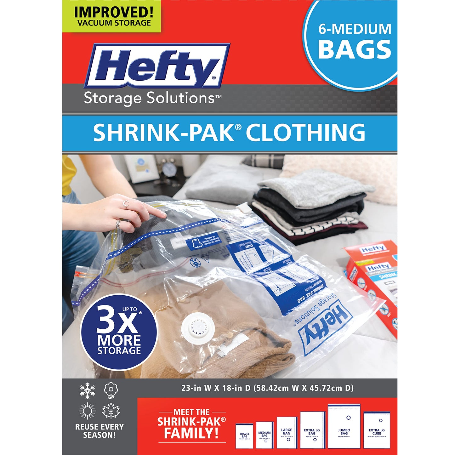 Hefty Shrink-Pak Vacuum Storage Bags - Space Saver for Under Bed Storage, Clothing and Comforters, 3X More Storage Space, 6 Medium Zipper Bags