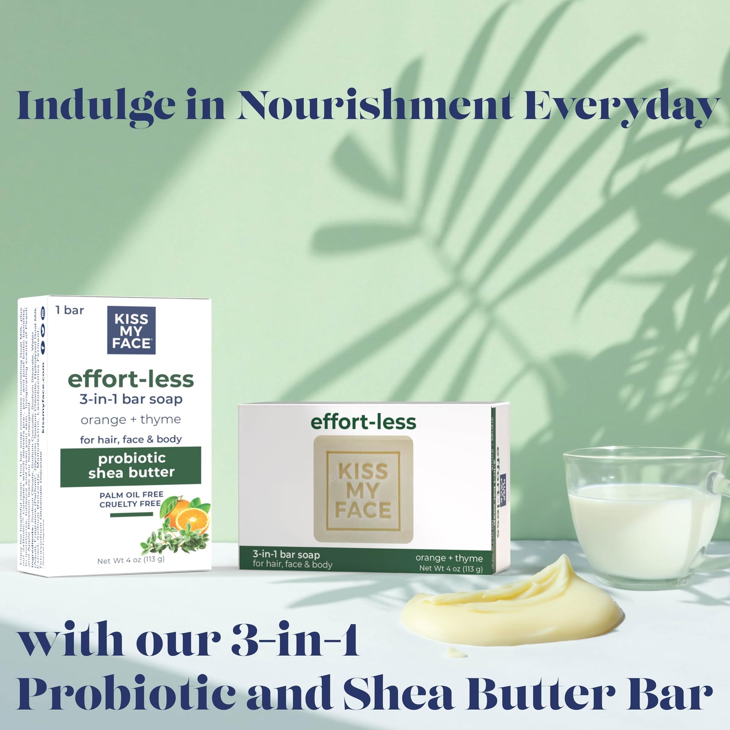Kiss My Face Effort-Less 3-in-1 Bar Soap - Orange + Thyme - Probiotic Bar Soap for Face, Hair, and Body with Shea Butter - Palm Oil-Free and Cruelty-Free Soap (Orange + Thyme, Pack of 1)
