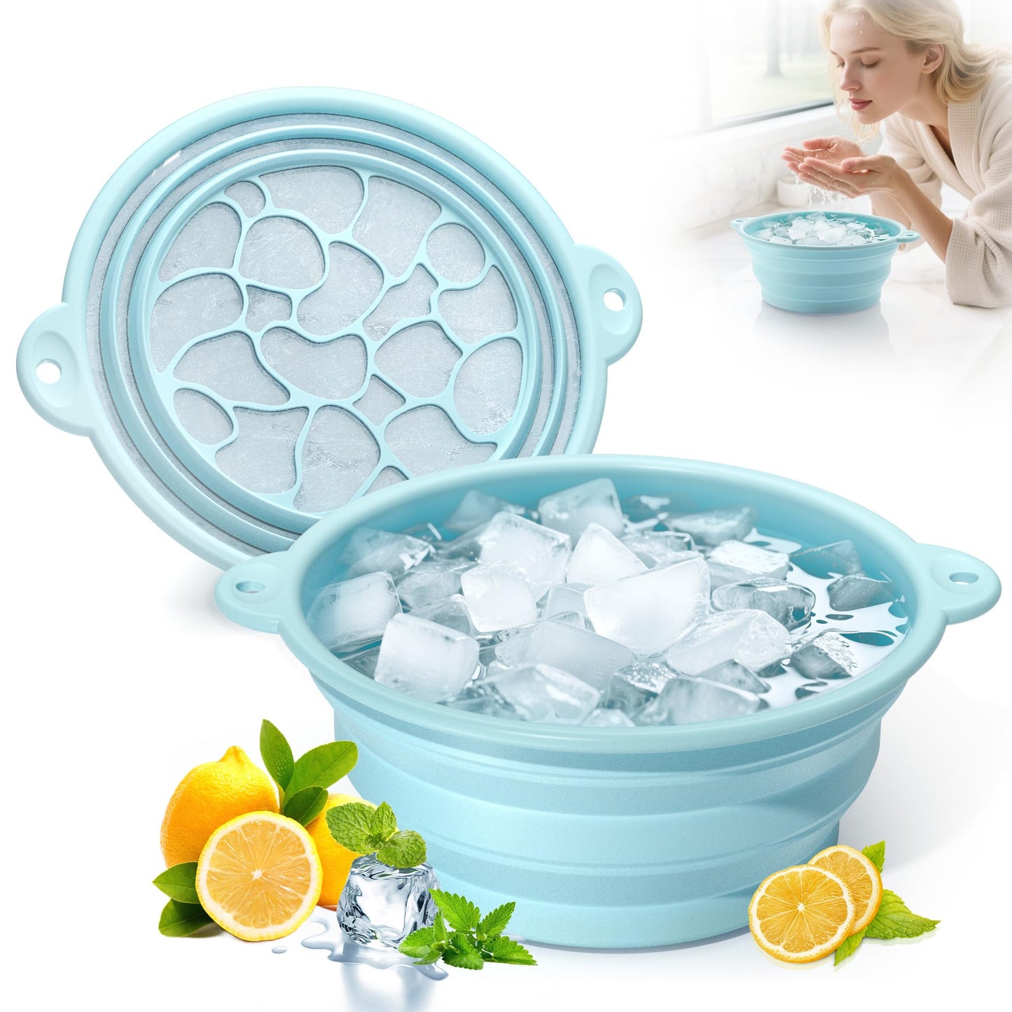 Foldable Silicone Face Ice Bath Bowl with Built-In Ice Tray, Cold Plunge Therapy for Skin Tightening, Puffiness Reduction & Acne Relief, Portable Spa Tool for Home & Travel (Blue)