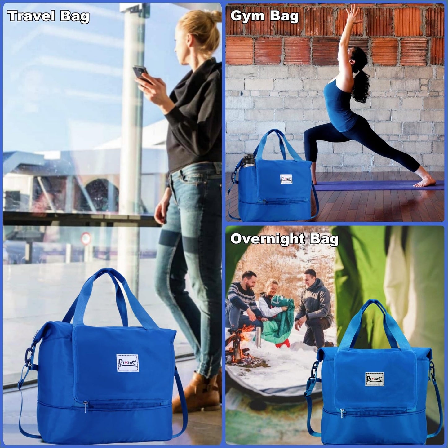 Foldable Travel Duffle Bag with Multiple Pockets, 40L Expandable Weekender Bag for Women, Overnight Carry On Gym Tote with Water Bottle Holder (Blue)