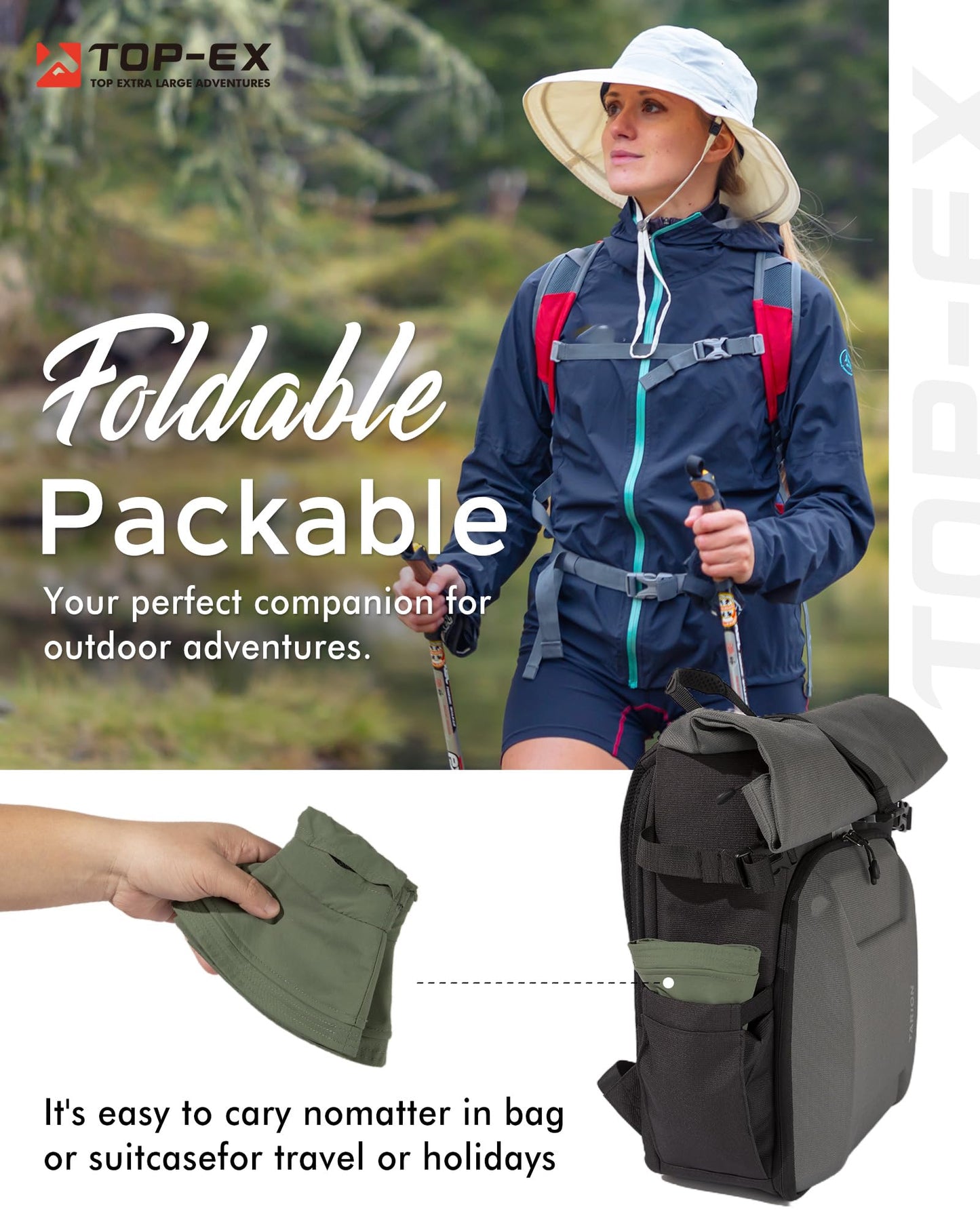 TOP-EX Waterproof Sun Hat for Women Wide Brim SPF 50 UV Protection with Chin Strap Packable & Foldable Bucket Hat for Travel Beach Outdoor Summer Gardening Hiking Fishing Camping Lightweight Green M/L