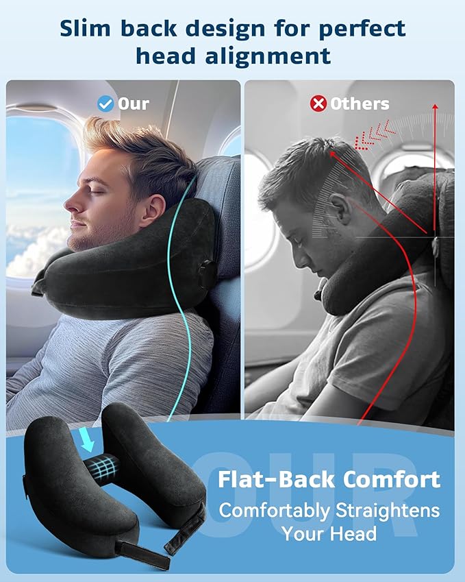 Travel Pillow Inflatable Neck Pillow Airplane Pillow with Velvet Cover Inflatable Pillow for Car/Train/Plane (Black, M)