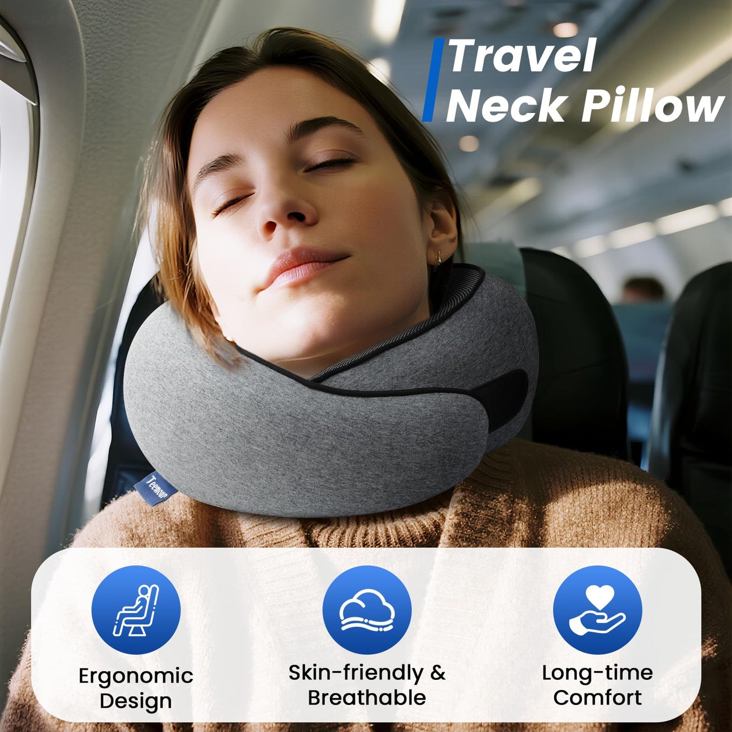 Neck Pillow for Airplane Travel Memory Foam Neck Travel Pillow with Eye Mask & Ear Plugs, Portable Carry Bag for The Comfort of Travel & Office, Travel Pillow for Plane, Car, Home, Work, Dark Grey