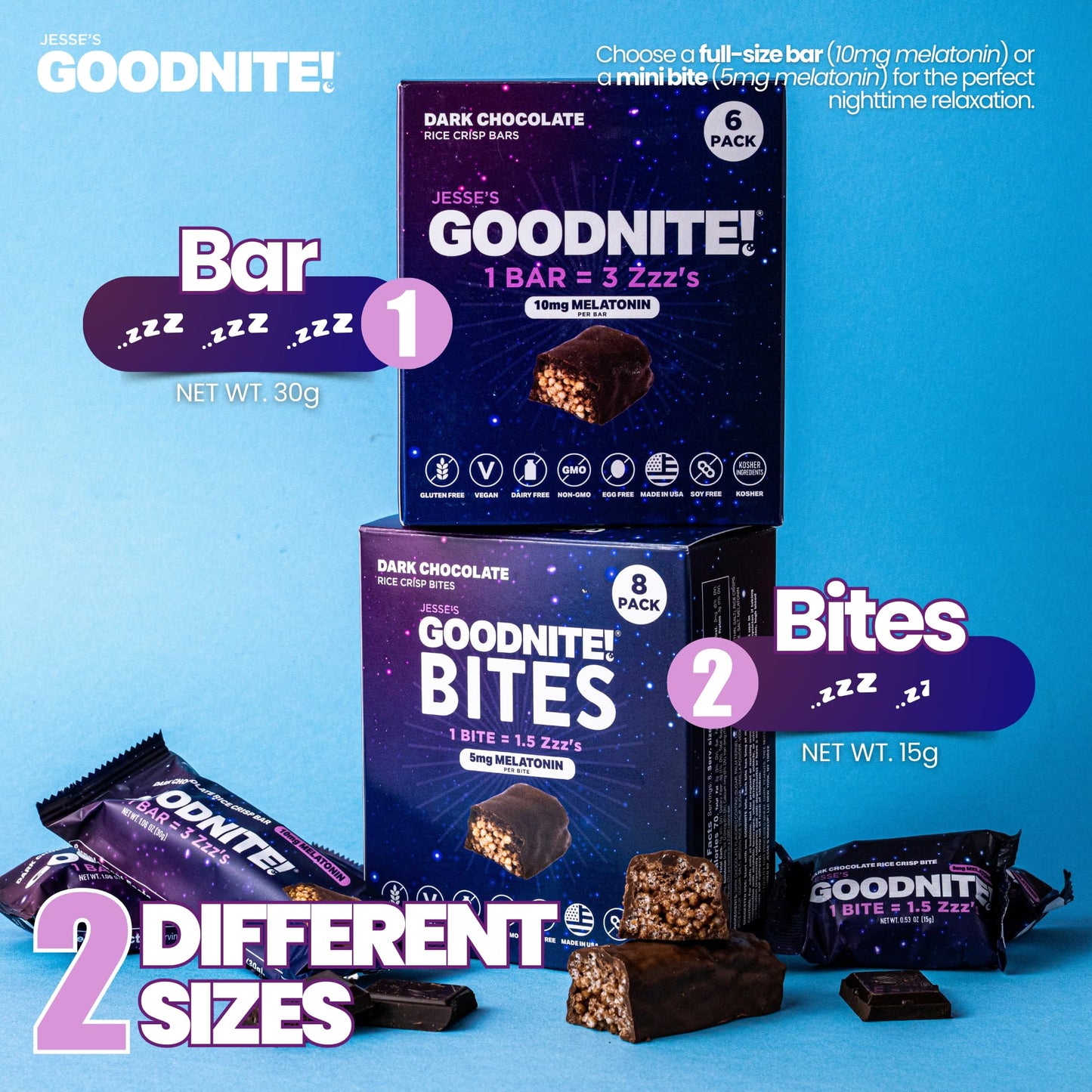 GOODNITE! Sleep Bites – Proprietary Blend with 5mg Melatonin & L-Theanine – Vegan, Gluten-Free, Kosher – Dark Chocolate Protein Snack for Restful Sleep – 8 Pack