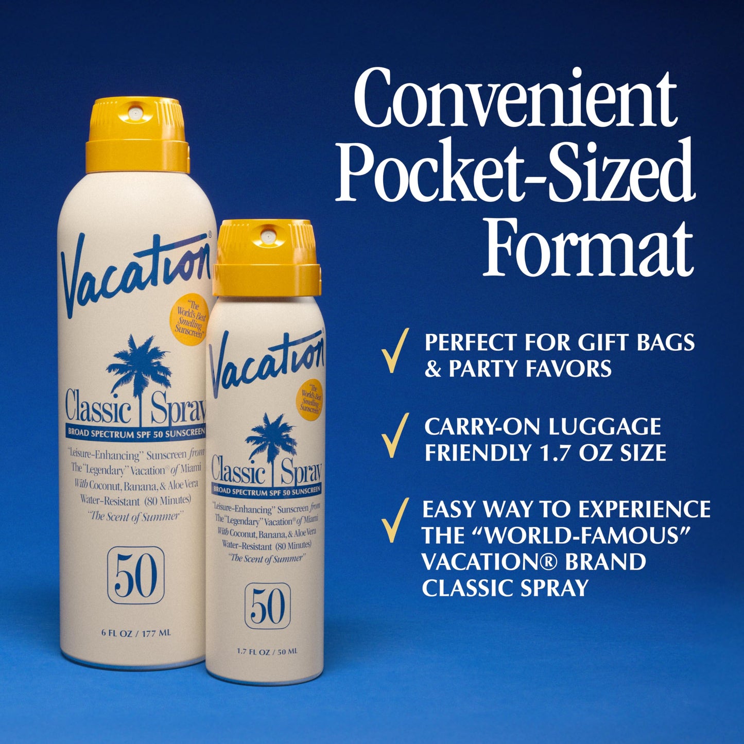 Vacation Mini Classic Sunscreen Spray SPF 50, Water-Resistant, Mini Sunscreen Bulk Party Favor, Sunblock Travel Size, TSA Suntan Lotion for Carry On, 1.7 Fl. Oz. (Value Pack of 6)