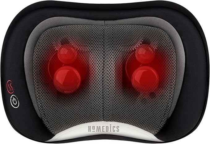 Homedics Back and Neck Massager, Portable Shiatsu All Body Massage Pillow with Heat, Targets Upper and Lower Back, Neck and Shoulders. Lightweight for Home, Office, Travel (Black)