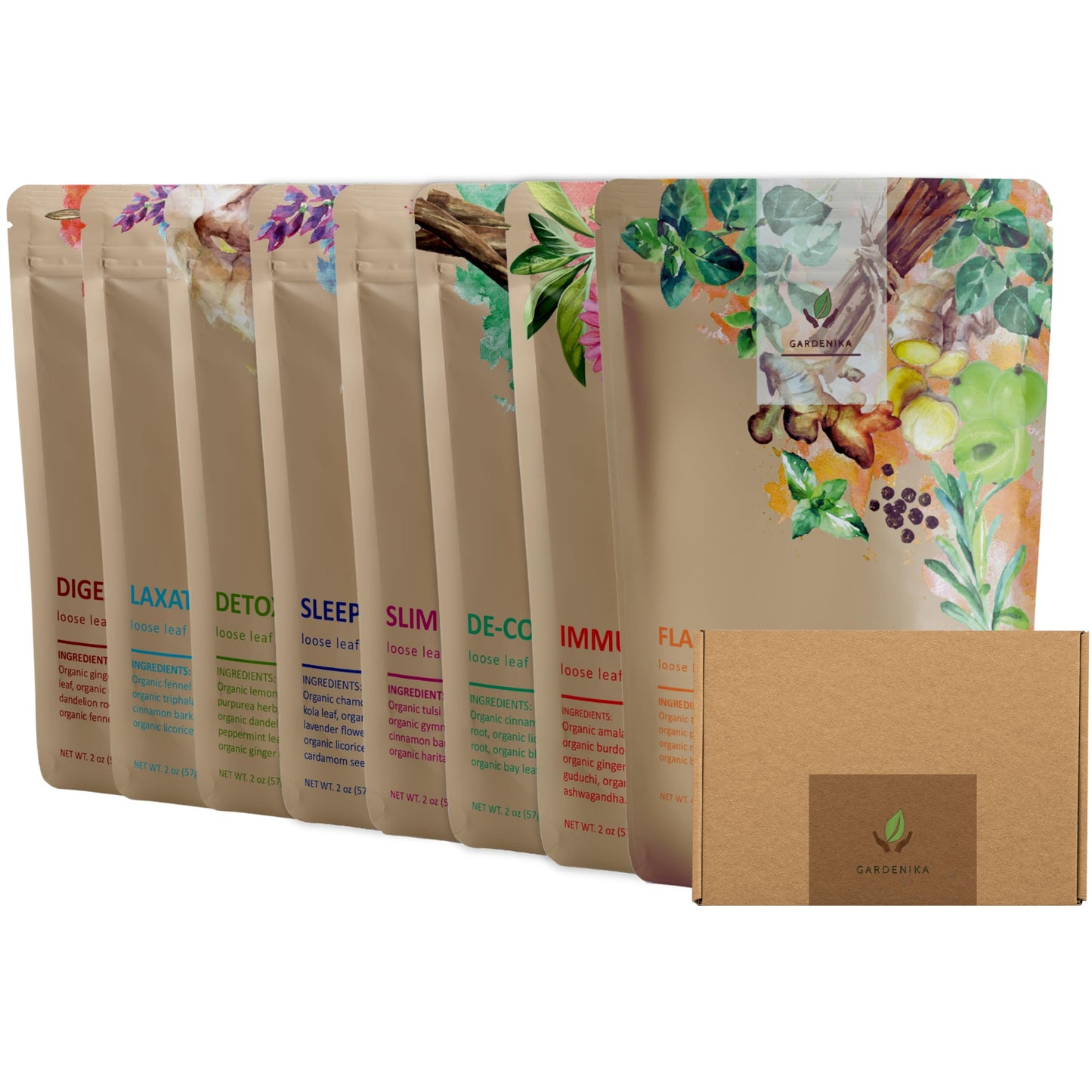 Gardenika Organic Loose Leaf Tea Sampler – 8 Pack, 1 LB – Herbal and Naturally Caffeine-Free Set - Ayurvedic Assortment Blend