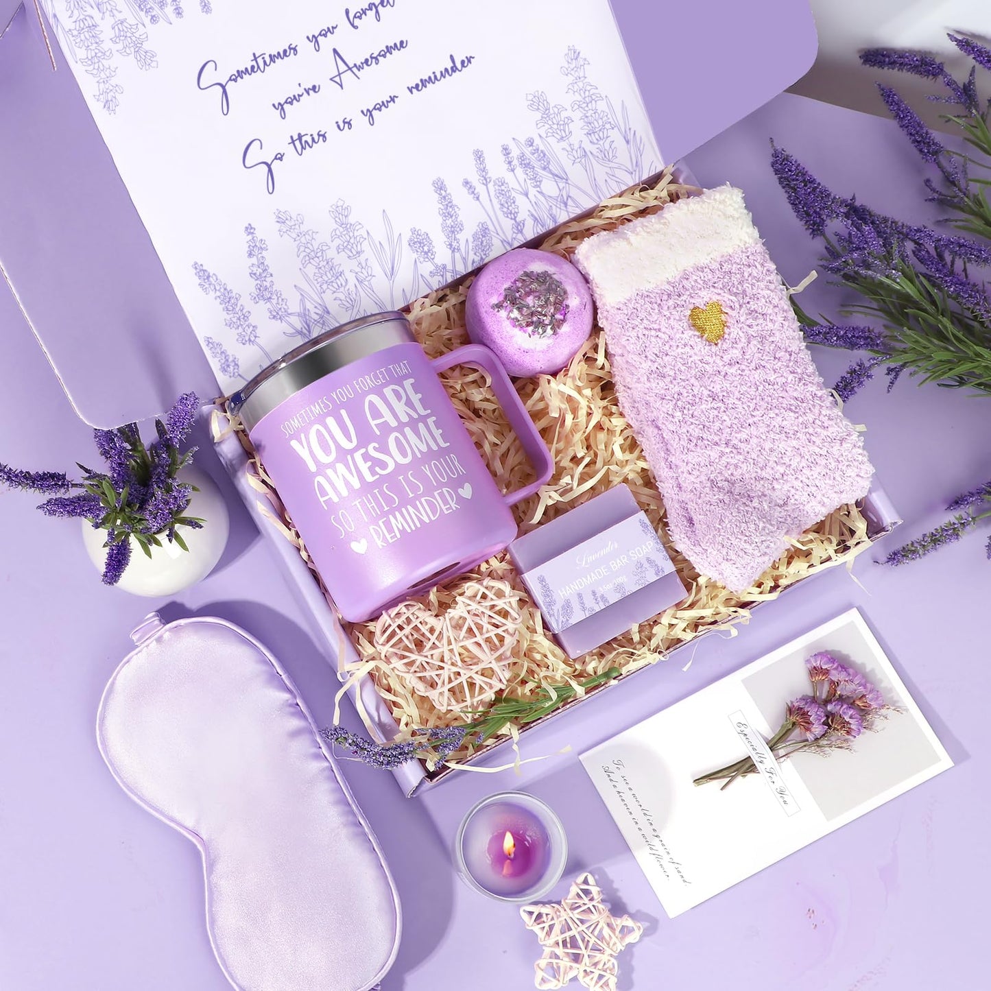 Birthday Gifts for Women Lavender Spa Gift Basket for Women Self Care Relaxing Bath Set Purple Gifts Inspirational Gift for Mom Wife Her Female Sister Teacher Nurse Friends Employee Coworker Spa Gifts
