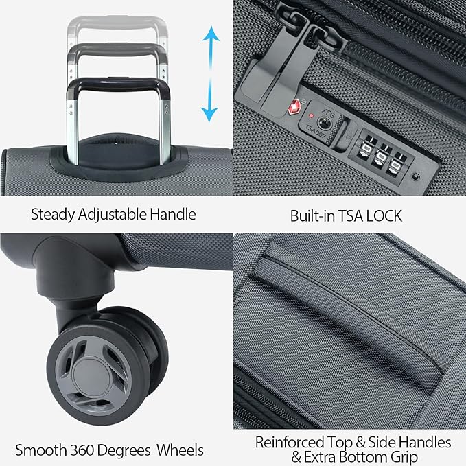 KROSER Softside Expandable Carry On Luggage with Spinner Wheels & Built-in TSA Lock, Durable Suitcase Rolling Luggage with USB Port, Carry-On 20-Inch, Grey