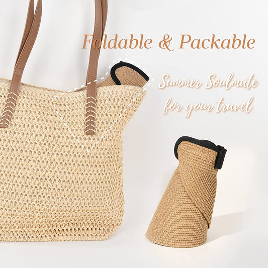 FURTALK Womens Sun Visor Hat Straw Sun Visors for Women Summer Packable Ponytail Beach Hats for Women Travel UPF 80+ Khaki