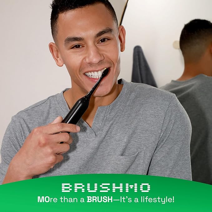 Brushmo Super Sonic Electric Toothbrush with 4 Replacement Heads - Rechargeable Electronic Tooth Brush for Adults with 5 Customizable Modes - IPX7 Waterproof & Long-Lasting Battery - Black