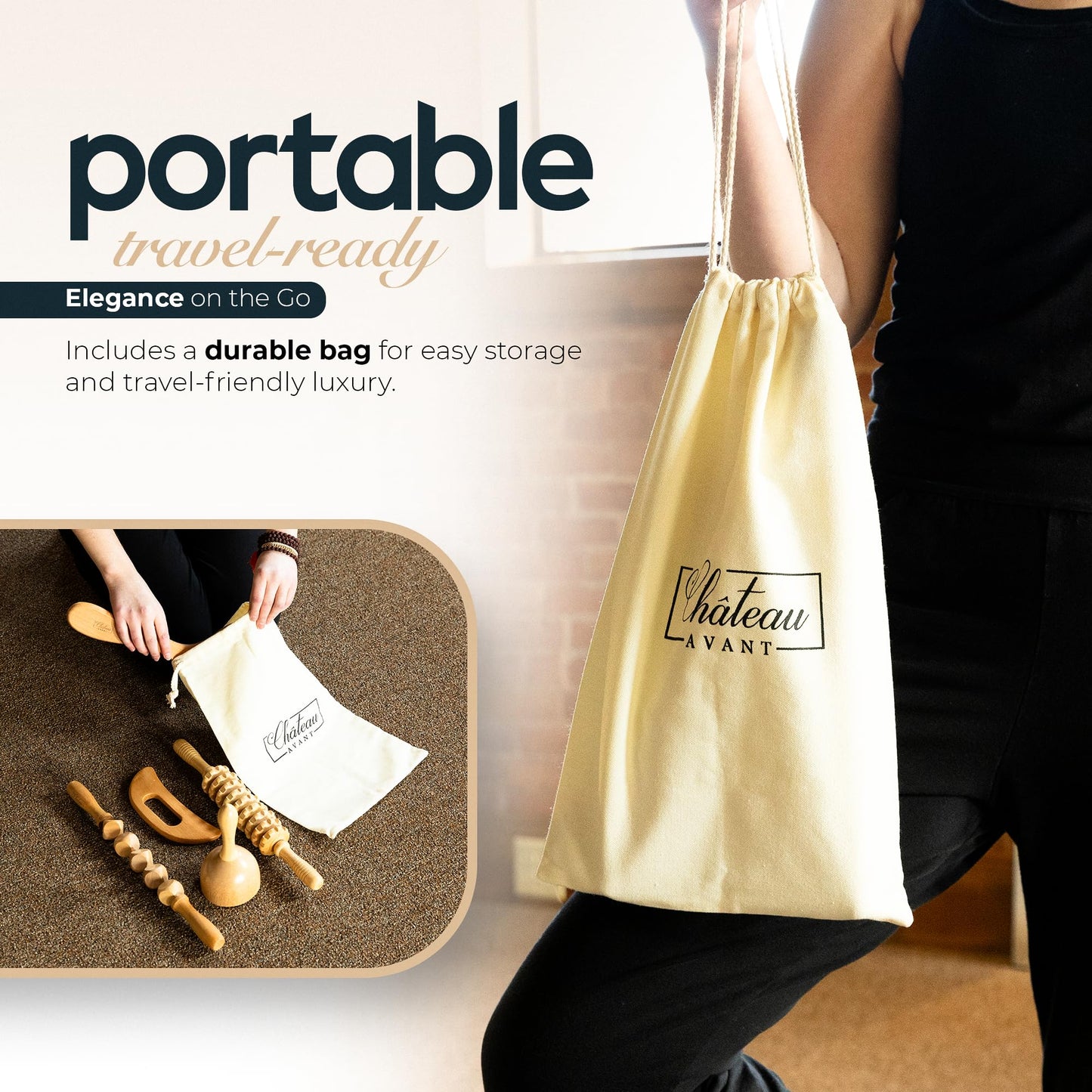 Château Avant Luxury Wooden Massage Tool Set, 5-Piece Lymphatic Drainage & Sculpting Kit – Cupper, Roller, Contouring Board, Scraper & Rope Roller