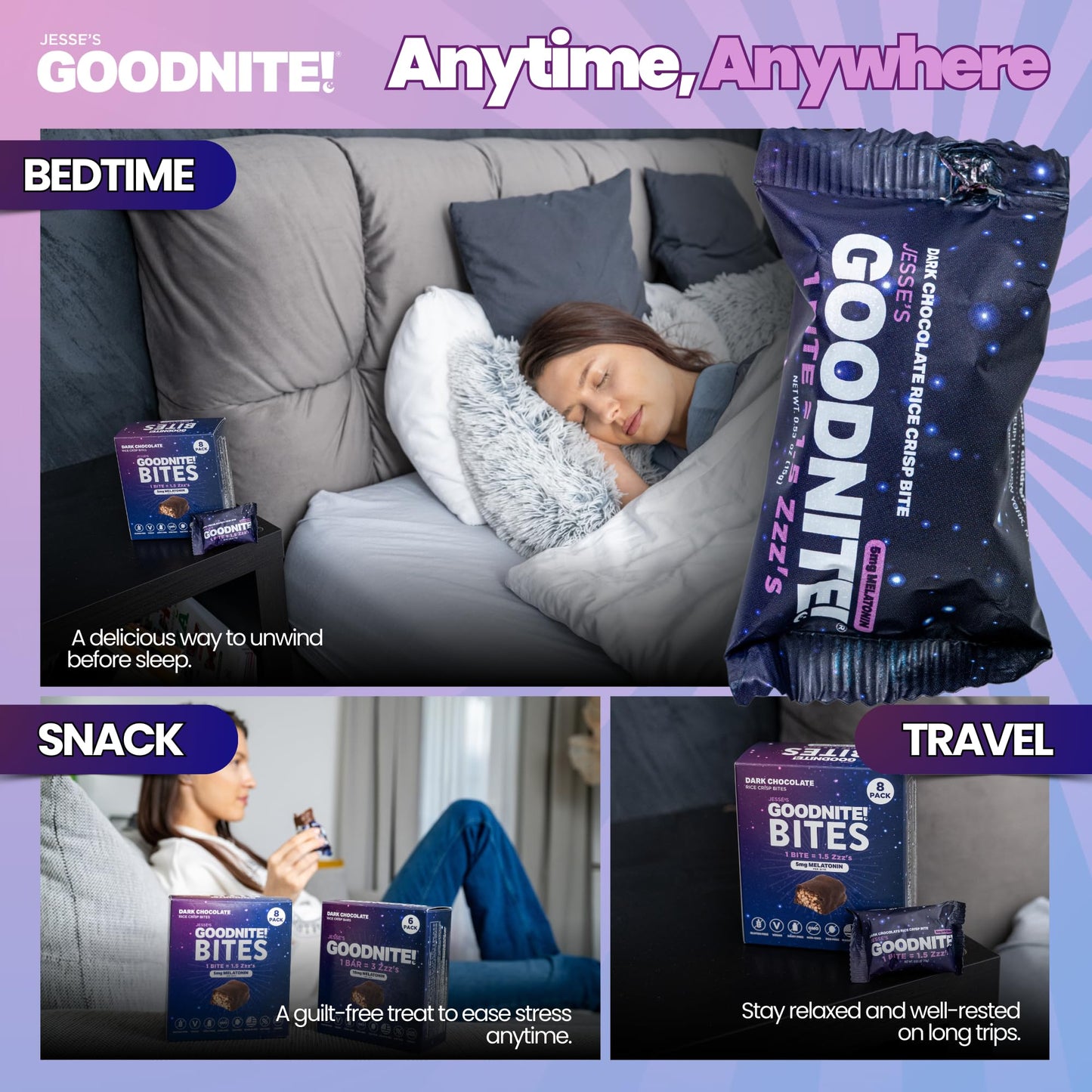 GOODNITE! Sleep Bites – Proprietary Blend with 5mg Melatonin & L-Theanine – Vegan, Gluten-Free, Kosher – Dark Chocolate Protein Snack for Restful Sleep – 8 Pack