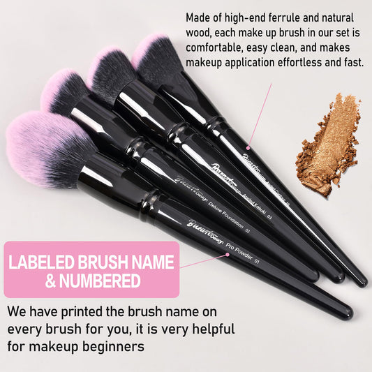 Bueart Design 18Pcs Pro Deluxe Fuchsia Pink Black Makeup Brushes set with Travel Make up Brush Holder case Foundation concealer contour Blush eyeshadow face make up brush set