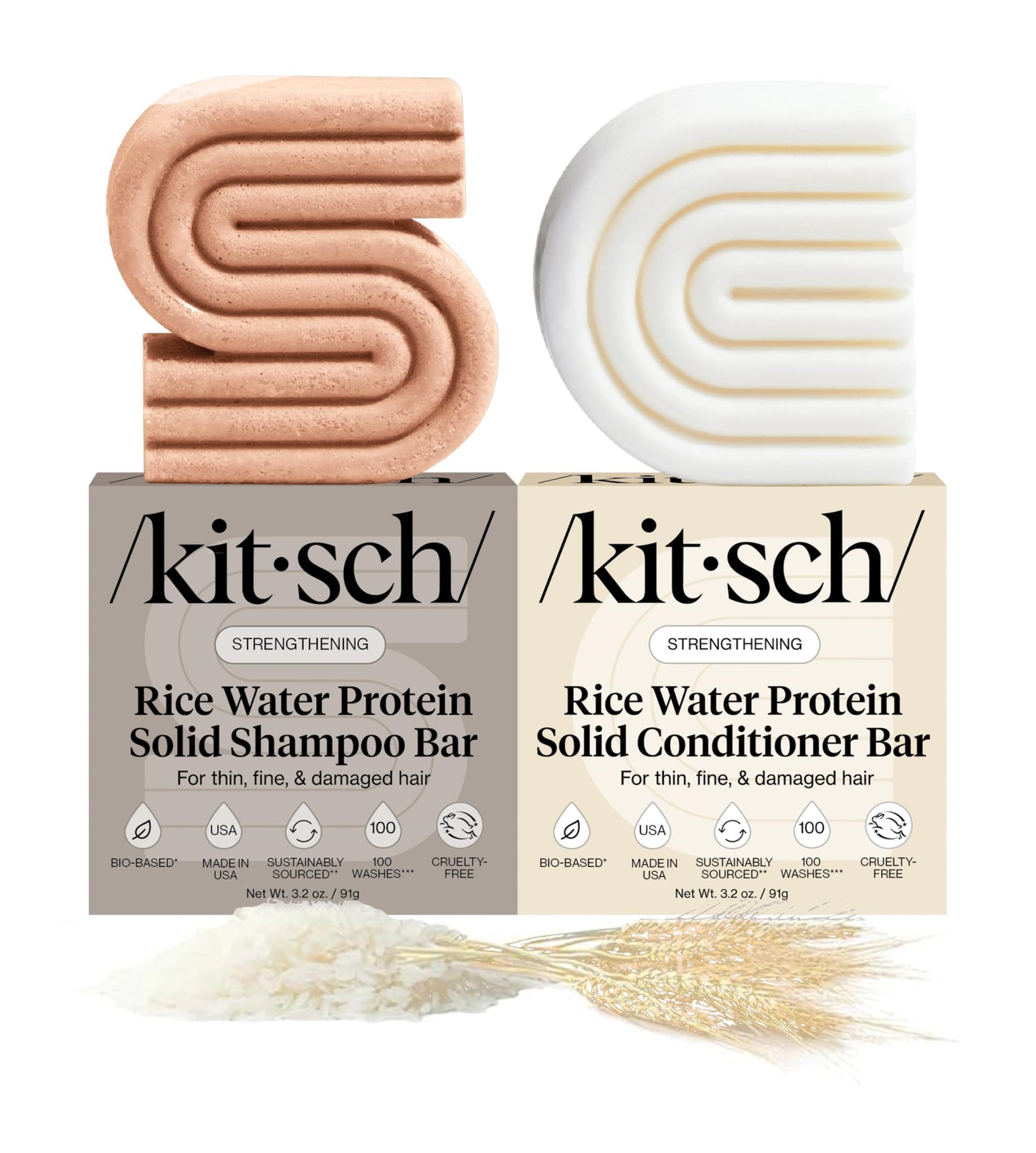 Kitsch Rice Water Shampoo & Conditioner Set – Solid Shampoo & Conditioner Bar with Protein for Hair Growth, Strengthening Hair & Damage Repair – Paraben, Sulfate & Silicone Free – 2 Pack