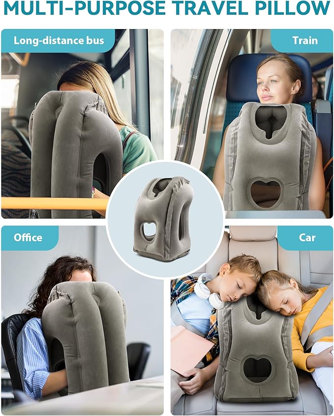 JefDiee Inflatable Travel Pillow, Airplane Neck Pillow Comfortably Supports Head and Chin for Airplanes, Trains, Cars Office Napping on The Tray Table (Grey)