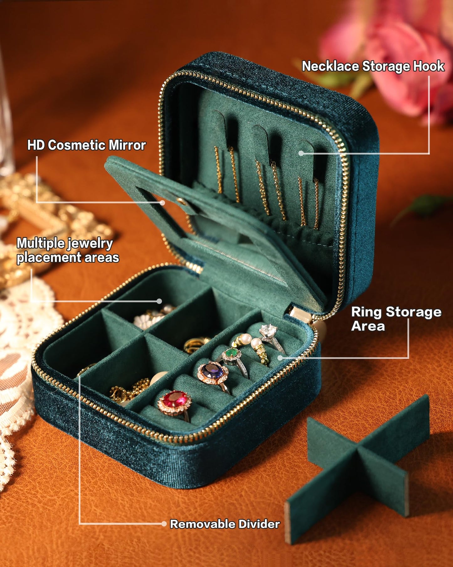 Vidifina Travel Jewelry Case-Velvet Organizer Adjustable Compartments for Necklaces, Rings | Portable Luxury Travel Jewelry Box for Women, Gift-Worthy Design