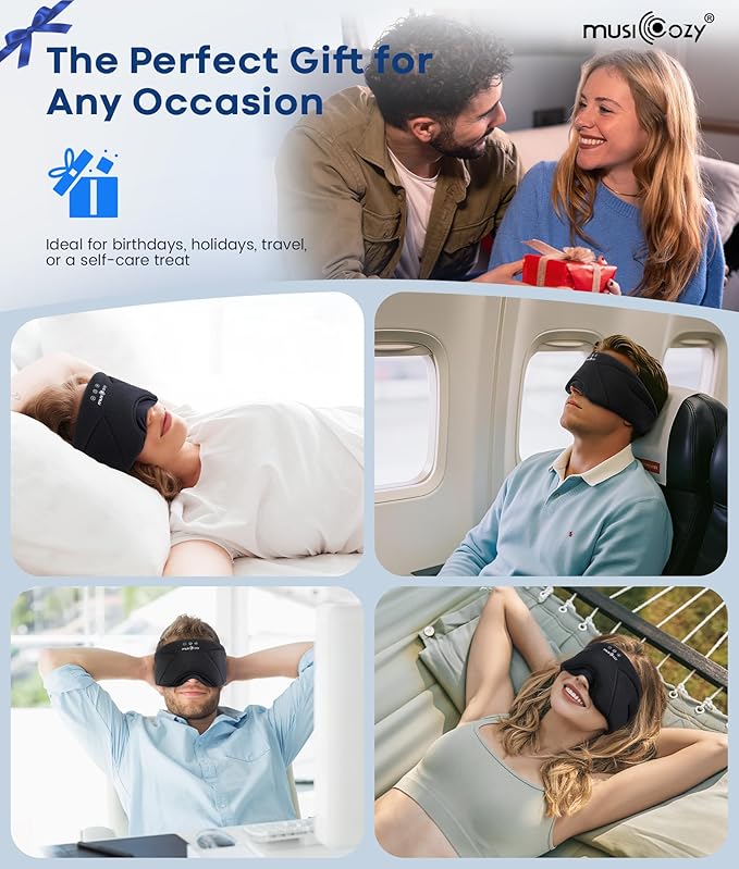 MUSICOZY Sleep Headphones, Bluetooth 5.4 Sleep Mask, Washable Zipper Eye Mask with HD Stereo Speakers, Cooling Ice Silk Fabric, 14H Playtime Wireless Headband Headphones for Side Sleepers