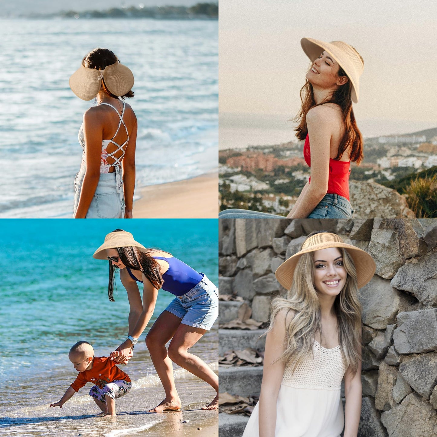 NPQQUAN Sun Visor Hats for Women Wide Brim Ponytail Straw Beach Hat Packable Foldable UPF 50+ Floppy Travel Hats Khaki