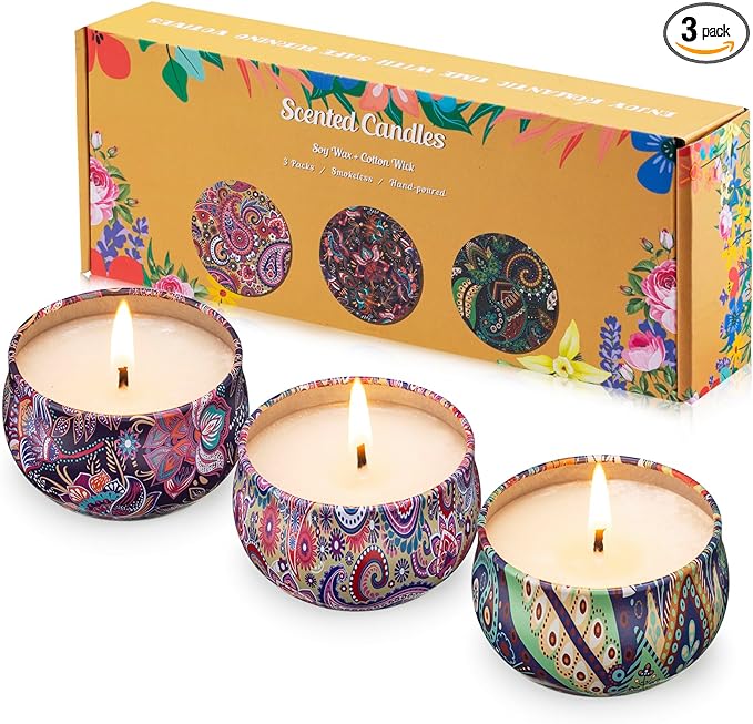 Hausware 3 Pack Scented Candles, 2.5 oz Aromatherapy Candles with Floral Scents,Soy Candles Set with 72H Burning Time,Ideal Gift for Women (Lavender+Vanilla+Rose)